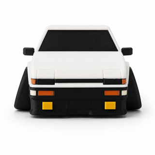 Front view of a white and black anime-inspired tofu shop drift hatchback tooned 3D printed desk model with wide fender flares and detailed taillights.