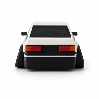 Rear view of a white and black anime-inspired tofu shop drift hatchback tooned 3D printed desk model with wide fender flares and detailed taillights.