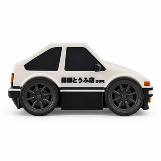 Right side view of a white and black anime-inspired tofu shop drift hatchback tooned 3D printed desk model with wide wheels and door graphics.