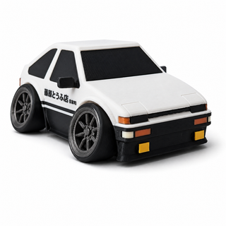White and black anime-inspired stage 1 tofu shop drift hatchback tooned 3D printed desk model shown from the front three-quarter angle.