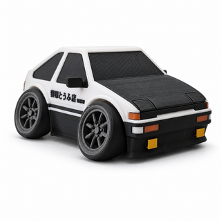 White and black anime-inspired stage 4 tofu shop drift hatchback tooned 3D printed desk model shown from the front three-quarter angle.