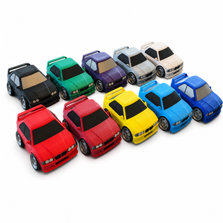 Ten BMW E36 M3 tooned 3D printed desk models arranged in two rows, displayed in red, maroon, yellow, light blue, dark blue, black, green, purple, silver, and white on a white background.