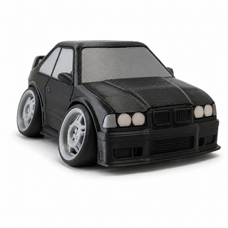 Black BMW E36 M3 tooned 3D printed desk model shown from the front three-quarter view on a white background.