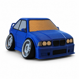 Dark Blue BMW E36 M3 tooned 3D printed desk model shown from the front three-quarter view on a white background.