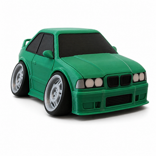 Green BMW E36 M3 tooned 3D printed desk model shown from the front three-quarter view on a white background.