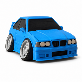 Light Blue BMW E36 M3 tooned 3D printed desk model shown from the front three-quarter view on a white background.