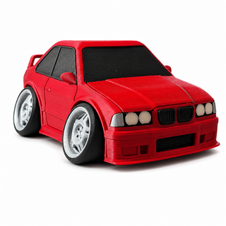 Maroon BMW E36 M3 tooned 3D printed desk model shown from the front three-quarter view on a white background.