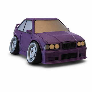 Purple BMW E36 M3 tooned 3D printed desk model shown from the front three-quarter view on a white background.