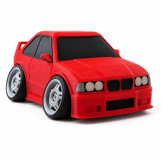 Red BMW E36 M3 tooned 3D printed desk model shown from the front three-quarter view on a white background.