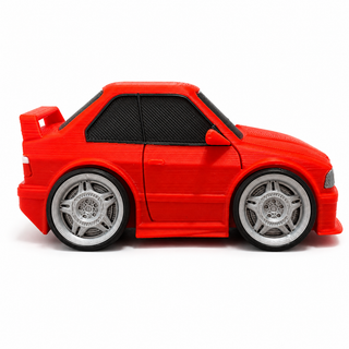 Red BMW E36 M3 tooned 3D printed desk model shown from the left side on a white background.
