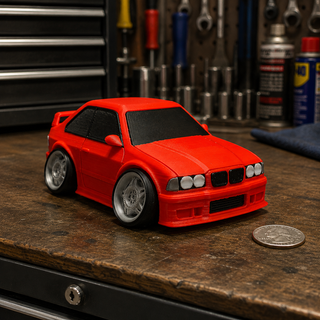 Red BMW E36 M3 tooned 3D printed collectible displayed on a garage workbench with a U.S. quarter for scale and automotive tools in the background.