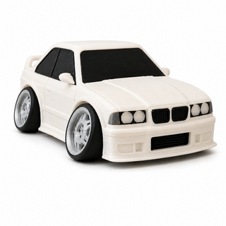 White BMW E36 M3 tooned 3D printed desk model shown from the front three-quarter view on a white background.
