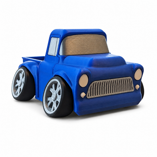 Blue Classic Pickup Tooned 3D Printed Desk Model shown from the front three-quarter angle on a white background.