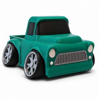 Green Classic Pickup Tooned 3D Printed Desk Model shown from the front three-quarter angle on a white background.