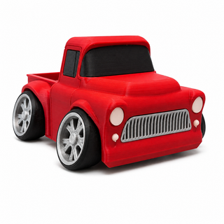 Red Classic Pickup Tooned 3D Printed Desk Model shown from the front three-quarter angle on a white background.