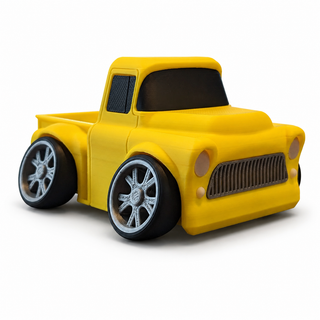 Yellow Classic Pickup Tooned 3D Printed Desk Model shown from the front three-quarter angle on a white background.