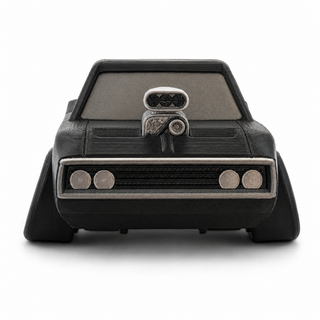 Front view of a Supercharged Dodge Charger tooned 3D printed desk model featuring an exposed supercharger on a white background.