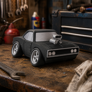 Supercharged Dodge Charger tooned 3D printed desk model displayed on a garage workbench.