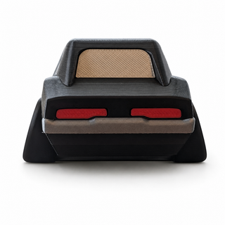 Rear view of a Supercharged Dodge Charger tooned 3D printed desk model on a white background.