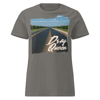 Women’s Drag Queen charcoal t-shirt showing a race track graphic with distressed lettering style.