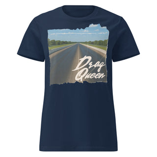 Women’s Drag Queen graphic tee in navy with drag racing strip artwork and vintage typography.