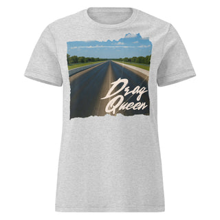 Women’s Drag Queen t-shirt in sport grey featuring drag racing track artwork and retro lettering.