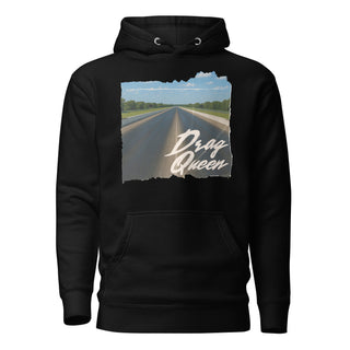 Drag Queen women’s pullover hoodie in Black with vintage drag racing strip graphic print
