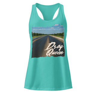 Women’s Tahiti blue racerback tank top with Drag Queen drag strip graphic design