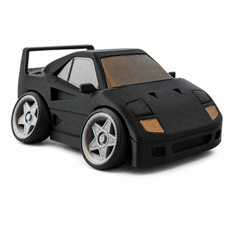 Black Ferrari F40 tooned 3D printed desk model shown from the front three-quarter view on a white background.