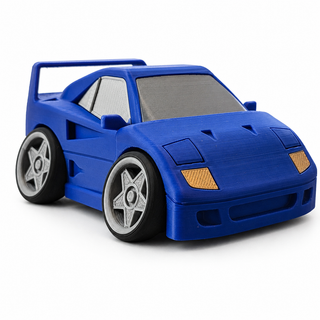 Blue Ferrari F40 tooned 3D printed desk model shown from the front three-quarter view on a white background.