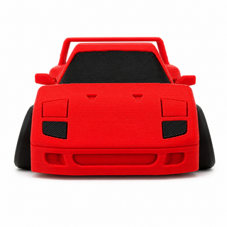 Front view of a red Ferrari F40 tooned 3D printed desk model on a white background.