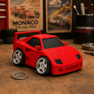 Red tooned 3D printed Ferrari F40 desk model displayed on a garage workbench beside a US quarter for scale.