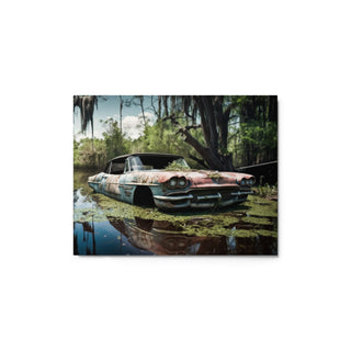 Front view of the “Forgotten Steel – Still Waters” glossy aluminum metal wall art print, featuring an abandoned classic car resting in the calm Louisiana bayou.