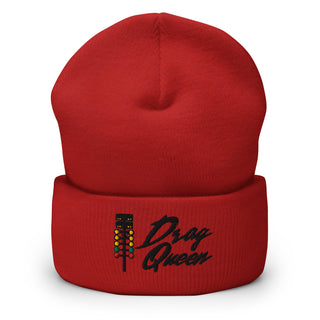 Red embroidered cuffed beanie with drag-racing light-tree design — Geaux Big “Drag Queen” motorsport hat.