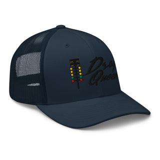 Navy embroidered trucker cap featuring drag-racing light tree design — Geaux Big “Drag Queen” motorsport hat.