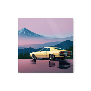 Car Sunset Mountain Painting Metal Print