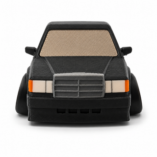 Front view of a black Mercedes 190E Evo II tooned 3D printed desk model on a white background.
