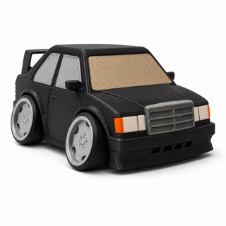 Black Mercedes 190E Evo II tooned 3D printed desk model shown from the front three-quarter view on a white background.