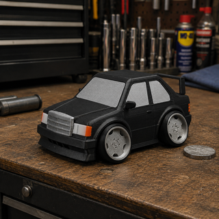 Black Mercedes 190E Evo II tooned 3D printed desk model displayed on a garage workbench beside a U.S. quarter for scale, surrounded by workshop tools.