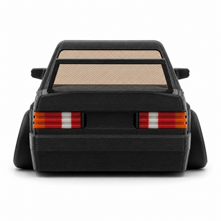 Rear view of a black Mercedes 190E Evo II tooned 3D printed desk model on a white background.
