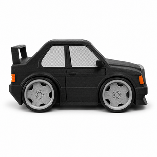Black Mercedes 190E Evo II tooned 3D printed desk model shown from the left side on a white background.