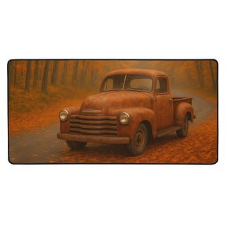 Large 16×32 inch desk mat featuring a classic pickup truck on a leaf-covered autumn road, bordered with black stitched edges.