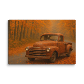 24×36 inch canvas print showing a weathered vintage pickup under orange and gold autumn trees on a peaceful country road.