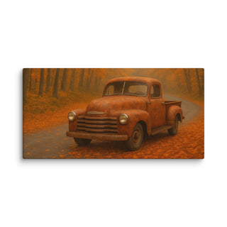 30×60 inch wide panoramic canvas of a rusted vintage pickup truck on a leaf-covered autumn forest road, framed by glowing sunset tones.