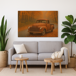 Living room interior featuring the ‘Autumn’s Faithful Harvest Hand’ canvas wall art, showing a vintage rust-colored pickup truck on a forest road lined with golden autumn leaves, displayed above a mid-century style sofa with cozy seasonal decor.