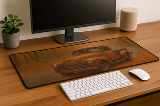 Rustic desk setup featuring a large 16×32 desk mat printed with a vintage rust-colored pickup truck on an autumn forest road, placed on a wooden surface with warm lighting, a coffee mug, keyboard, and notebook nearby.
