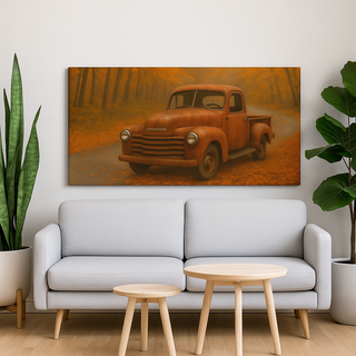 Modern living room featuring the ‘Autumn’s Faithful Harvest Hand’ panoramic canvas above a mid-century couch, showing a vintage rust-colored pickup truck on a forest road surrounded by golden fall leaves.