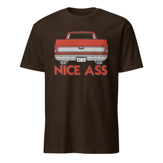 Nice Ass Red Squarebody graphic on a brown short-sleeve unisex T-shirt.