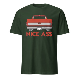 Nice Ass Red Squarebody graphic on a forest green short-sleeve unisex T-shirt.