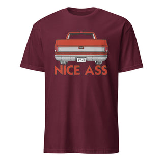 Nice Ass Red Squarebody graphic on a maroon short-sleeve unisex T-shirt.